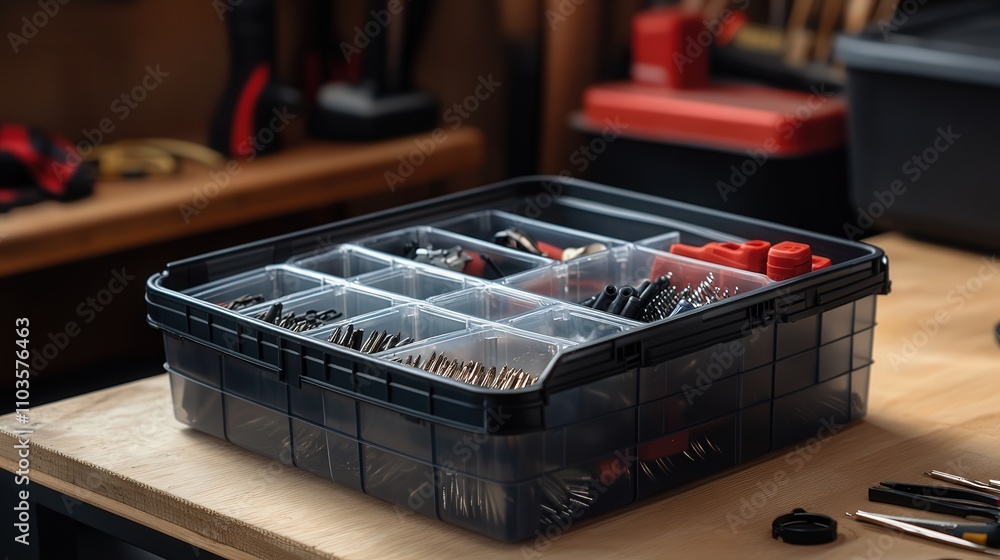 Poster a multi-compartment tool box with removable trays, ideal for organizing small parts like nails, scre