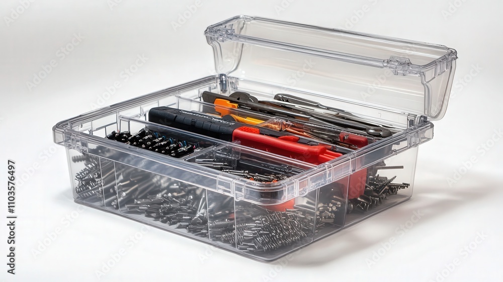 Poster a multi-compartment tool box with removable trays, ideal for organizing small parts like nails, scre