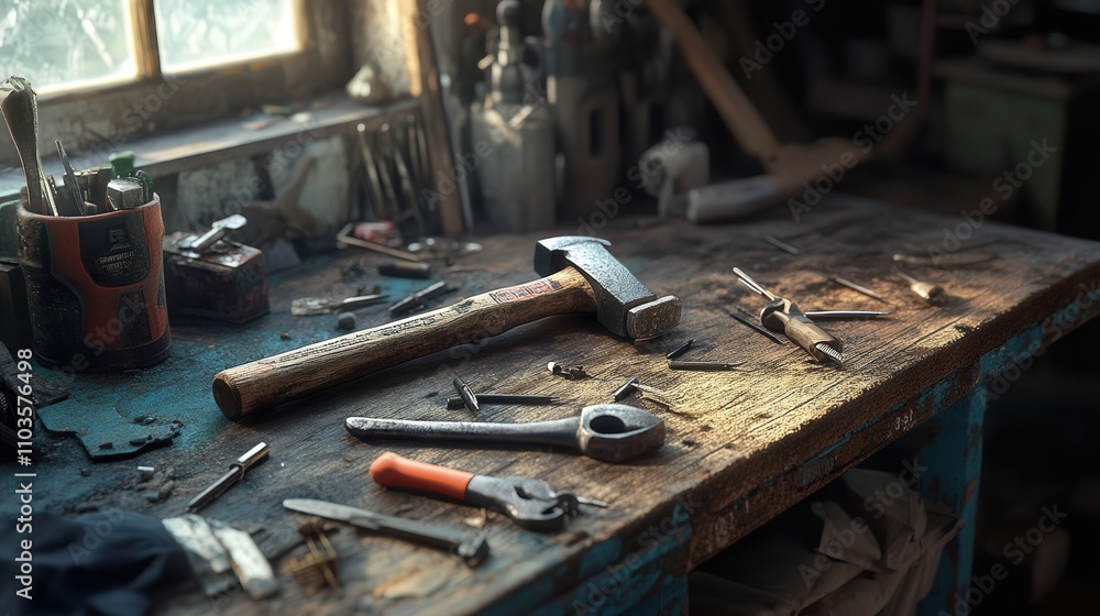 Poster a multi-functional hammer with various attachments and features, such as a pry bar and a nail puller