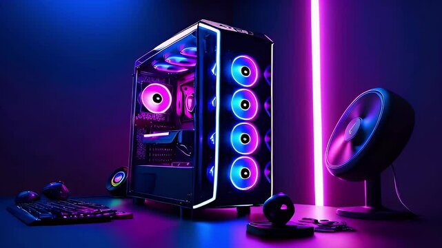 A modern gaming PC setup with RGB lighting and peripherals on a sleek desk.