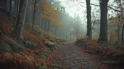 Fototapeta premium Misty Autumn Forest Pathway with Golden Leaves and Foggy Atmosphere