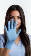 The nurse wearing blue gloves shows her hand to the camera with the palm of her hand visible. 