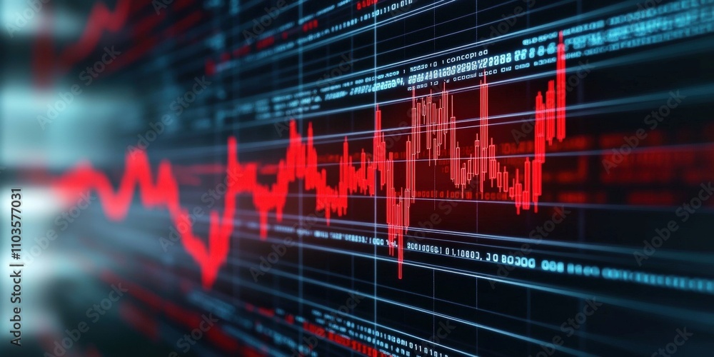 Poster digital screen displaying a red stock market graph trends with data points rising and falling on a m