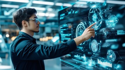 Young Engineer Interacting with Futuristic Holographic Interface