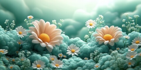 Logo design bright clouds with delicate flowers cute style pastel green background colorful elements bright colors cartoon illustration style 3D rendering effect The logo comprises fluffy clouds 