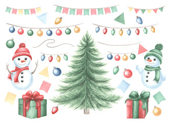Set of snowmans with gifts and Christmas tree. Garland from Christmas lights and pennant flags. Hand drawn watercolor illustration isolated. Winter holiday design. Clipart for New Year wrapping, card.