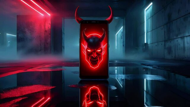 A glowing smartphone with a devilish skull design in a dark, futuristic setting.