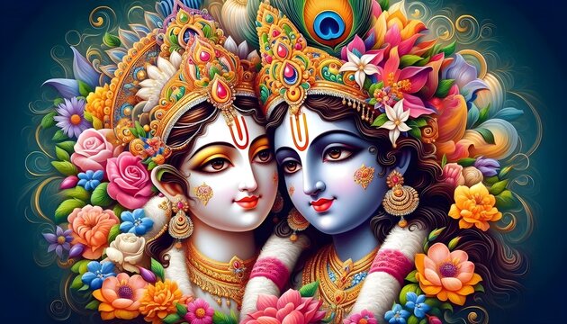 Vibrant Portrait of Lord Krishna and Radha Surrounded by Flowers