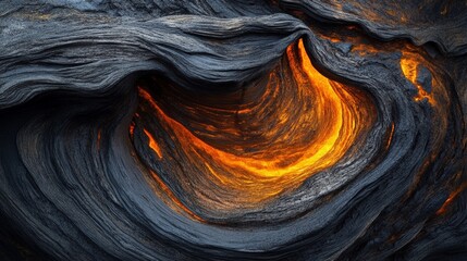 Fototapeta premium Mesmerizing molten lava flowing through dark volcanic rock patterns.