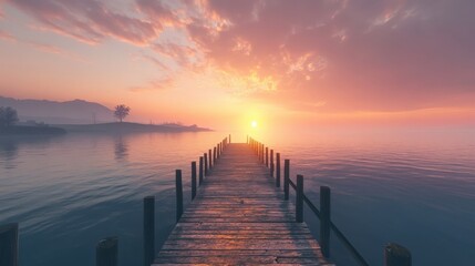 Obraz premium An empty pier at sunrise, where the air is fresh and the water is calm.