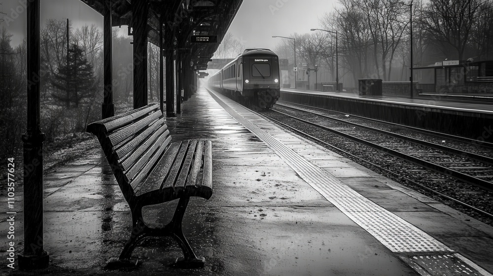 Poster an empty train station with abandoned platforms and an unoccupied bench,