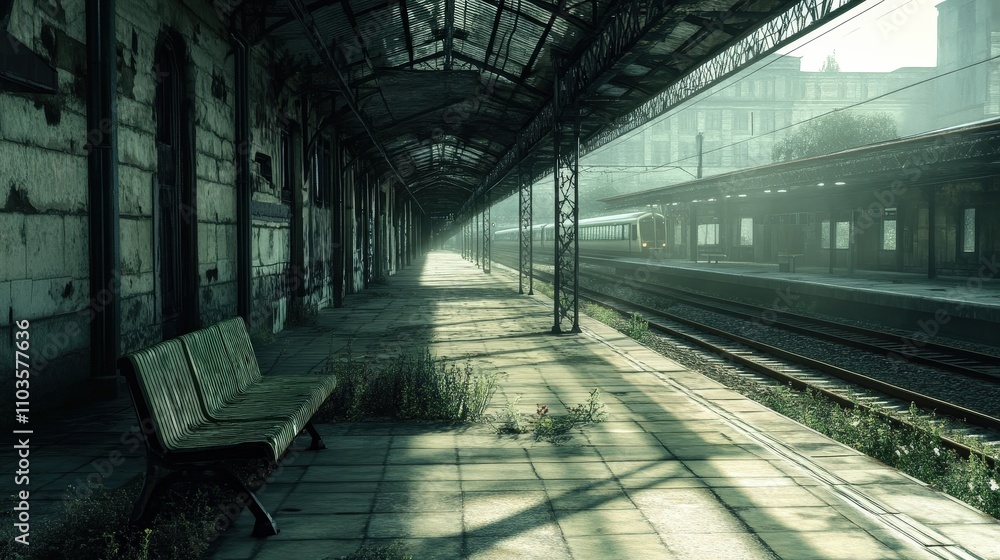 Poster an empty train station with abandoned platforms and an unoccupied bench,