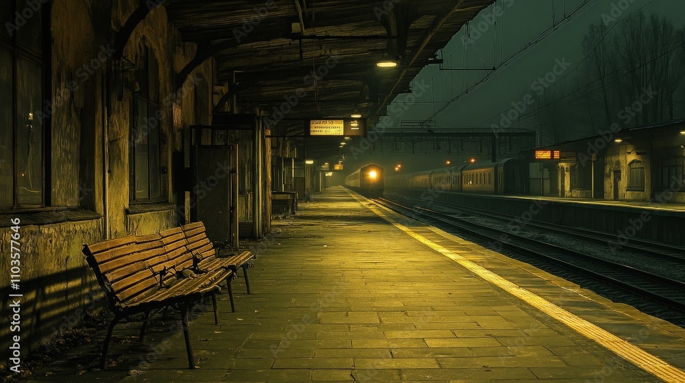 Poster an empty train station with abandoned platforms and an unoccupied bench,