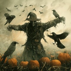 Fototapeta premium A spooky scarecrow stands amidst pumpkins, surrounded by crows, evoking a haunting autumn atmosphere.