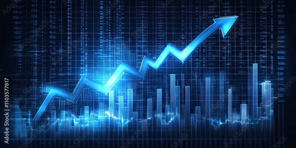 Poster blue background with upward arrow representing growth and success in financial market data visualiza