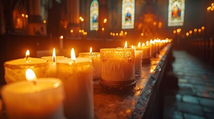 Atmospheric church interior featuring row of illuminated white candles, stained glass windows in background creating warm, spiritual ambiance with cinematic composition.