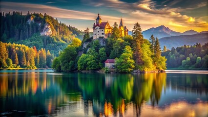 Fototapeta premium Enchanting Lake Surrounded by Lush Forests and a Majestic Castle on an Island in the Distance, Perfect for Fantasy and Nature Lovers