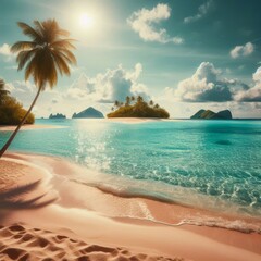 Fototapeta premium Sandy tropical beach with island on background 