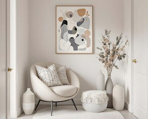  living room with a beige sofa adorned with textured and mock up poster frame, decorations and personal accessories. Modern home .
