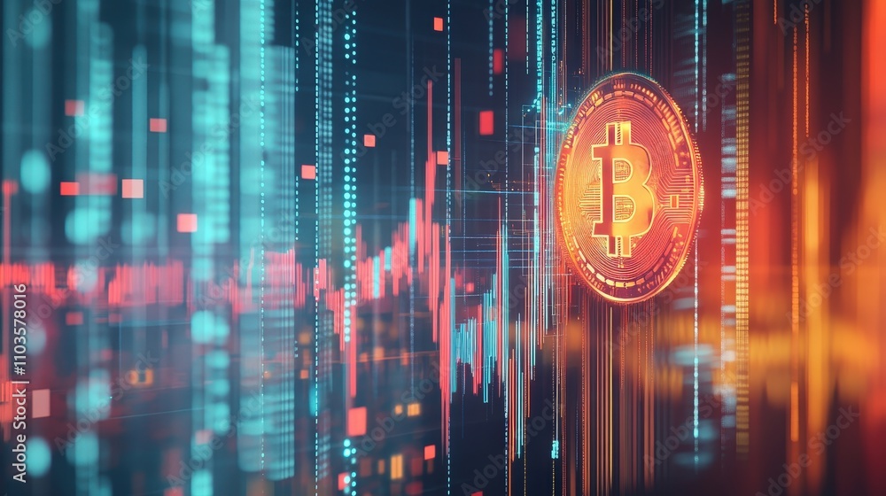 Poster an image of a bitcoin coin with financial data graphs in the background, showing bitcoin impact on t