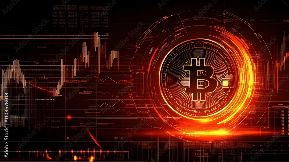 Poster an image of a bitcoin coin with financial data graphs in the background, showing bitcoin impact on t