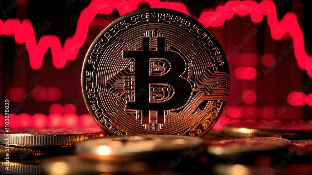 Poster an image of a bitcoin coin with financial data graphs in the background, showing bitcoin impact on t