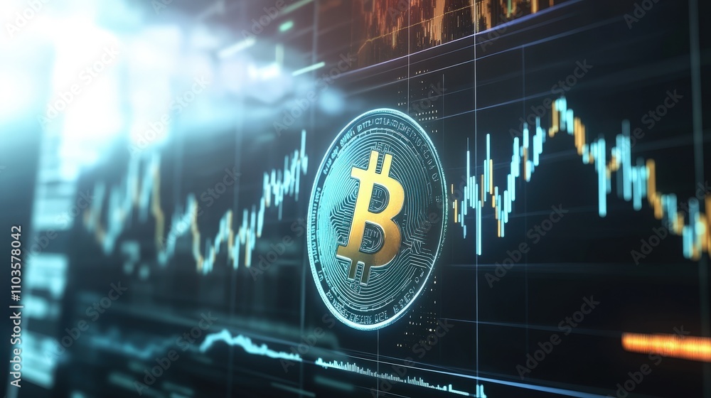 Poster an image of a bitcoin coin with financial data graphs in the background, showing bitcoin impact on t