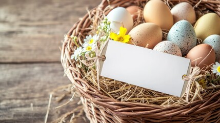 Colorful Easter Eggs in Basket with Blank Card on Wooden Surface