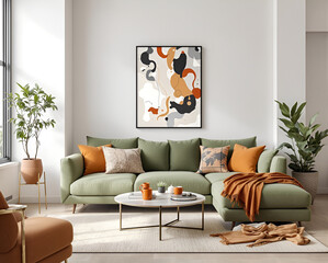  living room with a beige sofa adorned with textured and mock up poster frame, decorations and personal accessories. Modern home .