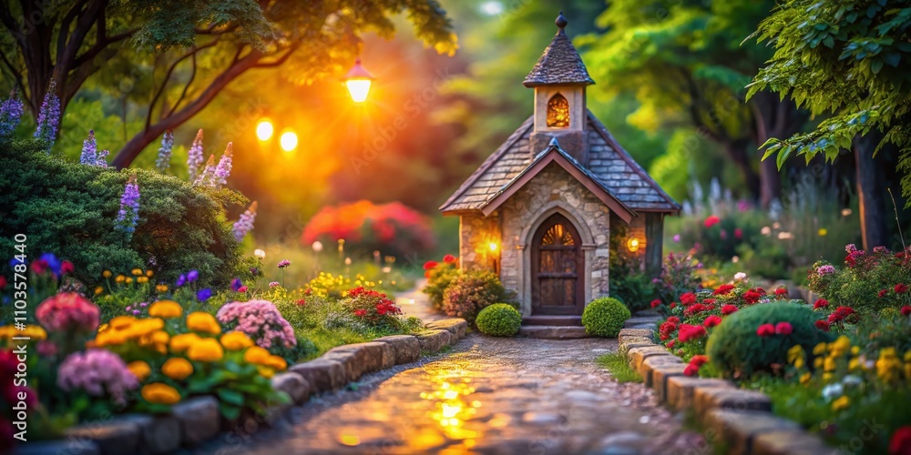 Poster enchanting miniature chapel on a stone path surrounded by lush greenery with a magical bokeh effect 