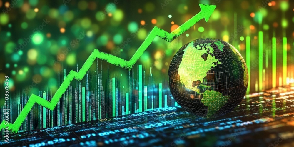 Poster global business concept featuring earth and stock market growth with abstract data visualization and