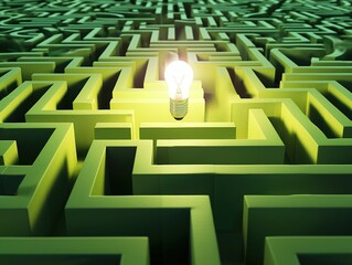 A glowing lightbulb at the center of a vast green maze. Business, education, technology, innovative thinking, getting out of trouble, problem solving, inspiration