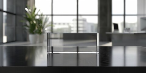 Empty transparent packaging on a sleek black table, with a modern office background, 4K hyperrealistic photo.