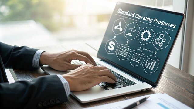 SOP, Standard operating procedure concept. Businessman use laptop with virtual SOP icons for the standard operating 