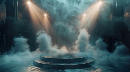 Elegant Mirrored Podium with Abstract Light Patterns and Dramatic Smoke Effects - Ideal for Product Displays and Abstract Designs