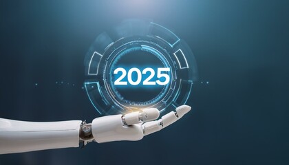 Robotics hand holding or showing on the year 2025 to welcome new technology - new year concet