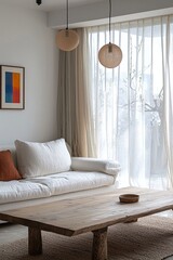 A modern living room with a minimalist, japandi interior and Scandinavian interior combination.
