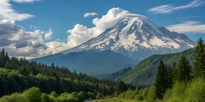 Majestic snow-capped mountain and serene valley under a blue sky