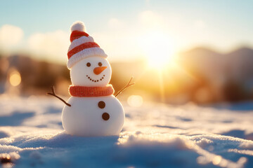 Obraz premium Merry christmas and happy new year greeting card. Happy snowman standing in christmas landscape.Snow background