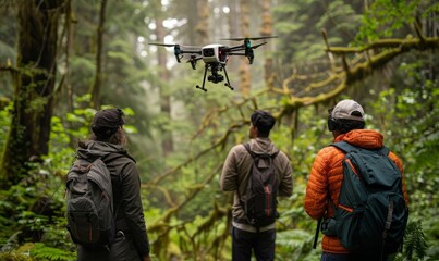 Obraz premium Scientists monitor forest health using drones and sensors, gathering data for conservation efforts.