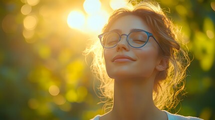 11. Artistic portrait featuring side profile with blue glasses, dreamy upward gaze against blurred green background, natural lighting creating ethereal summer atmosphere.