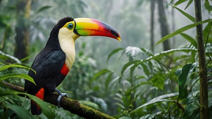 Colorful Toucan Perched on a Branch in a Lush Rainforest