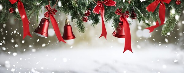 Festive holiday decorations with red bells and ribbons hanging among green pine branches during a snowy winter scene