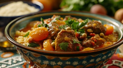 Fototapeta premium A flavorful bowl of Morocccan tagine with tender lamb, apricots and aromatic spices, serves with couscous.