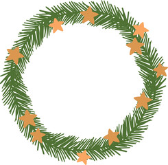 A wreath of green leaves with yellow stars is shown