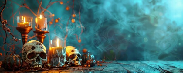 Halloween Background with Candles and Skull. Spooky Graveyard Tabletop.
