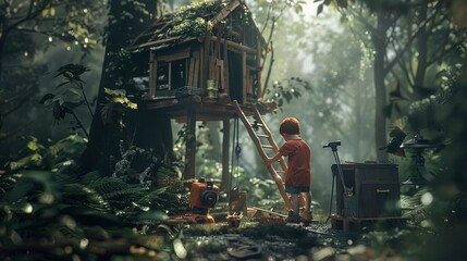 Naklejka premium Creative Youngster Building a Treehouse in a Lush Forest
