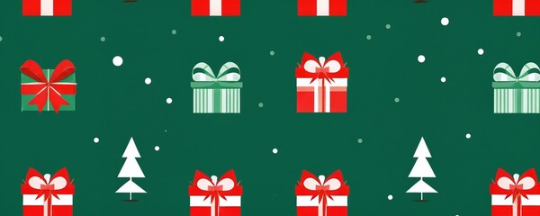 Colorful Christmas gifts and decorations create a festive holiday atmosphere with a green background