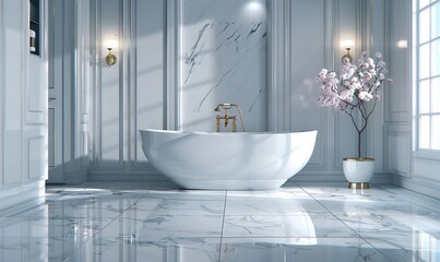 Large luxurious bathroom with marble floors, a freestanding tub, and gold fixtures, 4K hyperrealistic photo