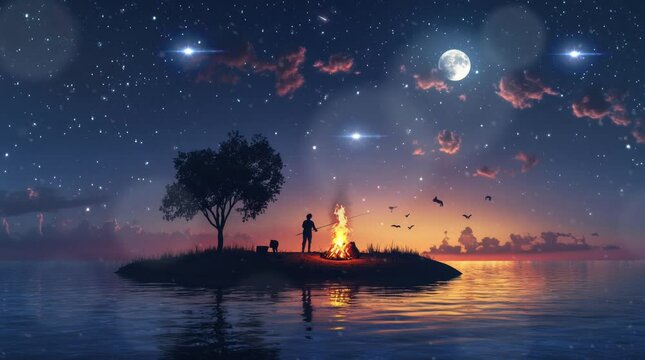 silhouette of a person fishing at night accompanied by his pet dog. Virtual 4K video animation background with looping time lapse with very smooth graphics.